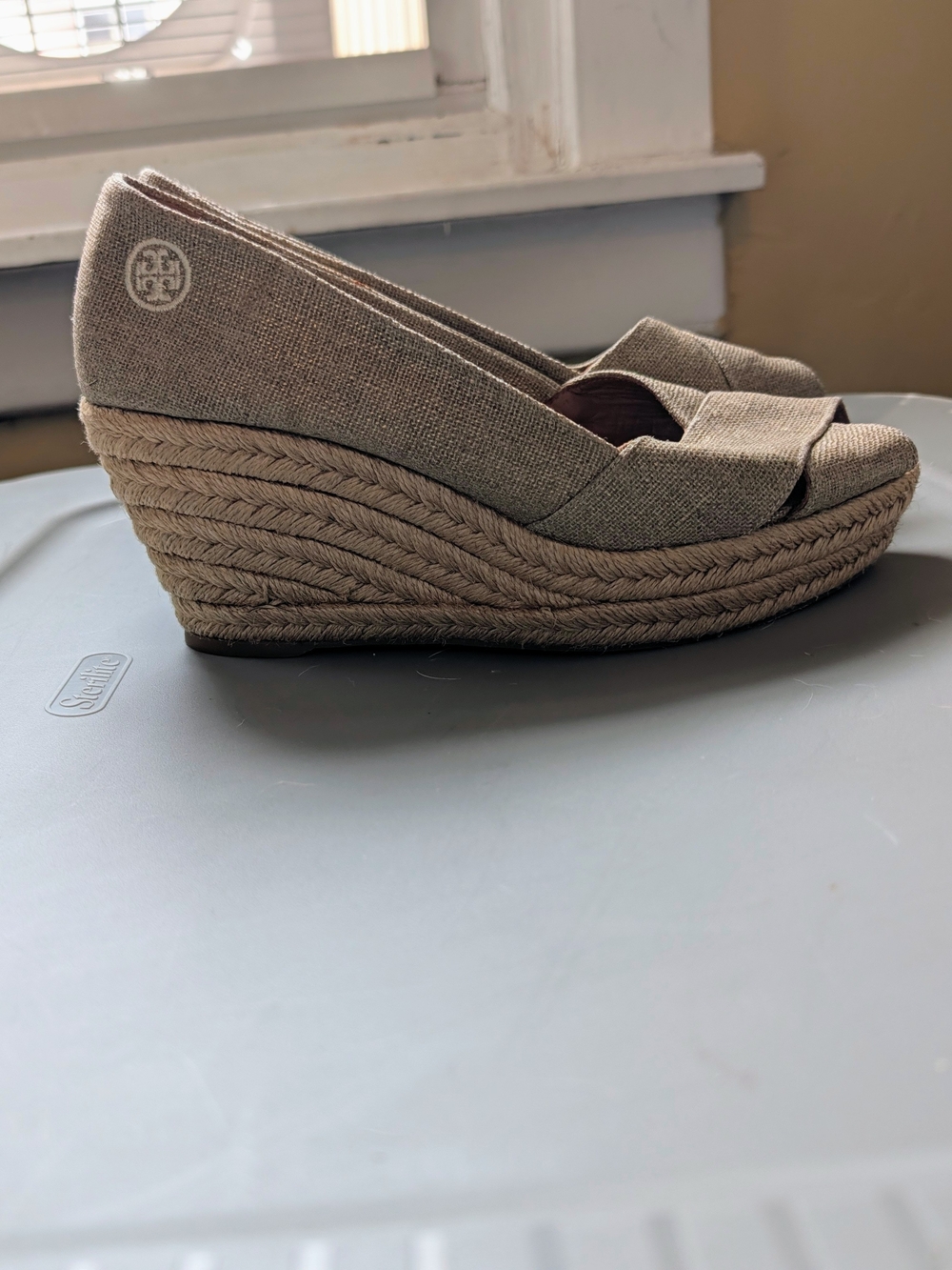 Tory Burch Natural Beige Espadrille Wedge Peep Toe